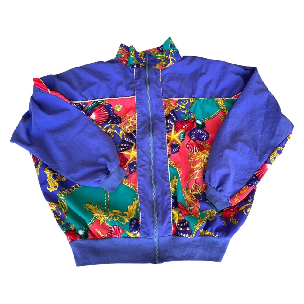 Vintage Silver Threads Nautical Chain Print Zip Jacket 80s Purple Panels Large